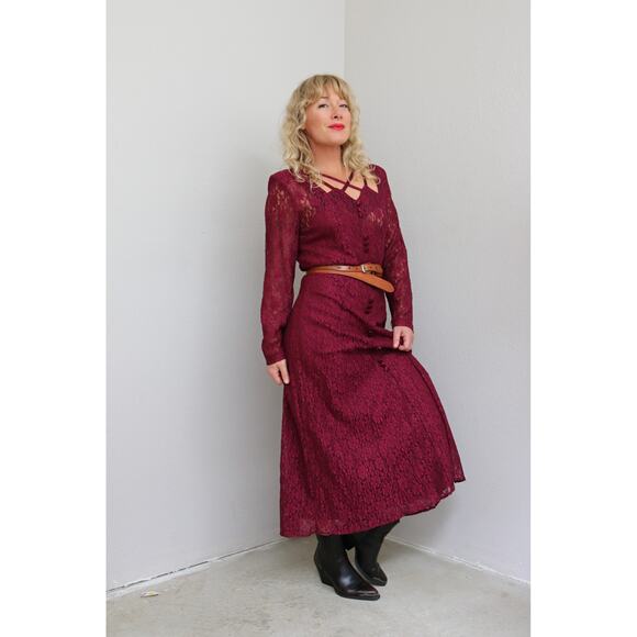 1980's Vintage Witchy Wine and Lace Dress ~ Women's MD LG ~ Stevie Nicks Vibes - Picture 6 of 10